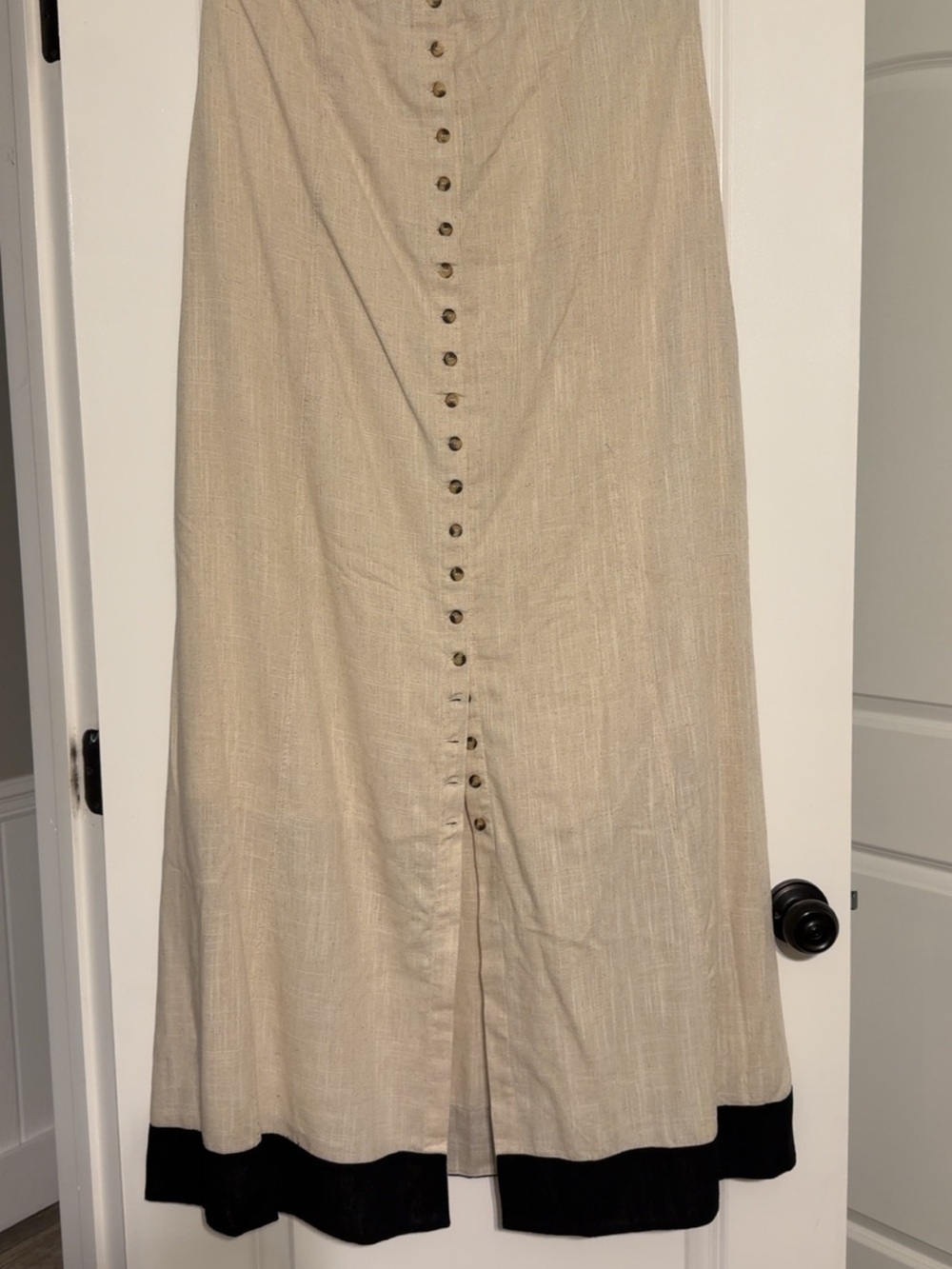 Women’s Button-Front Beige Midi Skirt with Black Hem